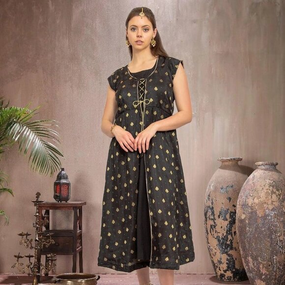 Elegant Black and Gold Silk Knee-Length Dress | Muvvas Boutique - Picture 2 of 6